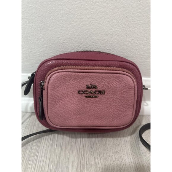 Coach Crossbody Bag Womens Pink Double Zip Camera Pebbled Leather Two Tone Mini - Picture 1 of 10
